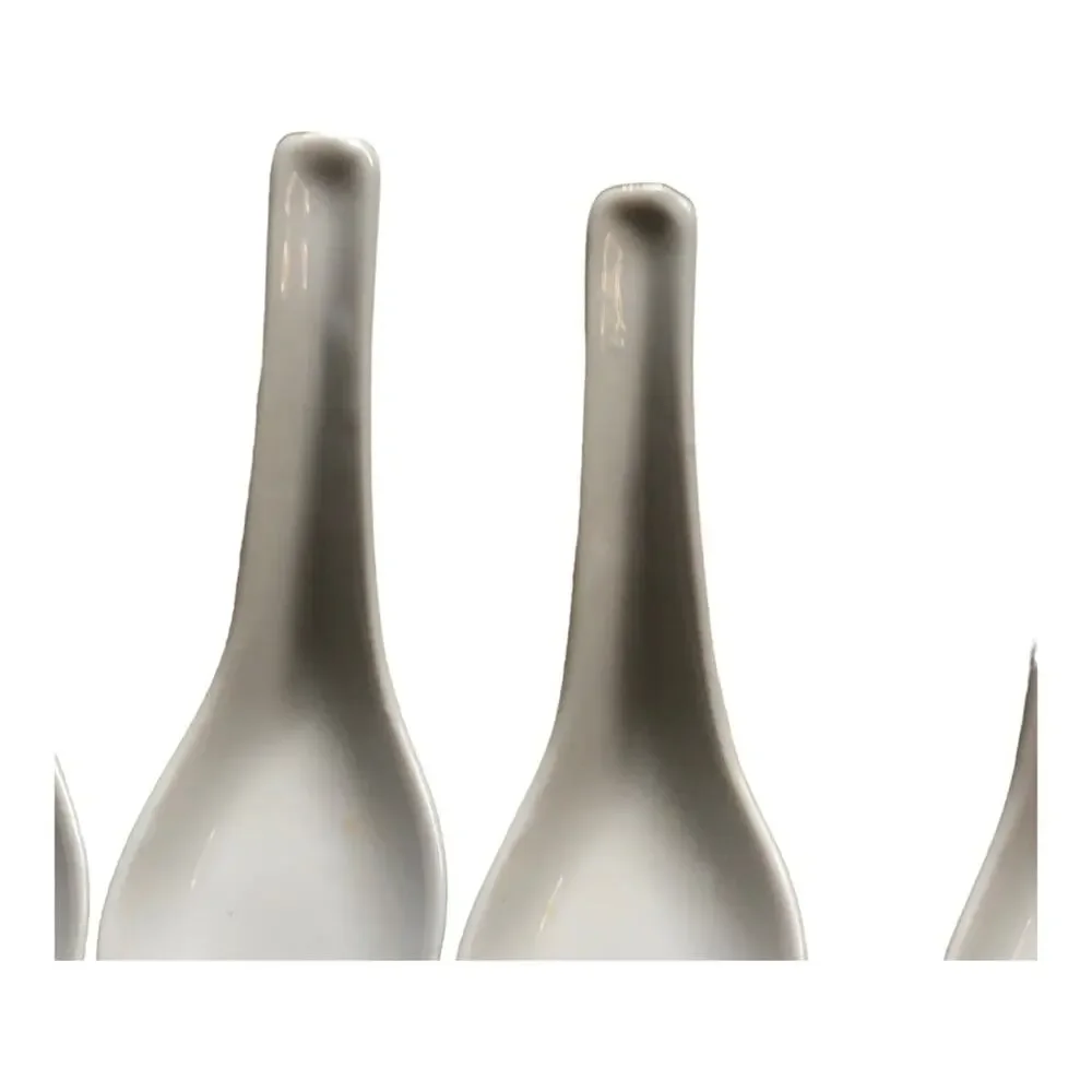 Asian Soup Spoons Set of 8 White Ceramic Chinese Rice Porcelain Flat Bottom